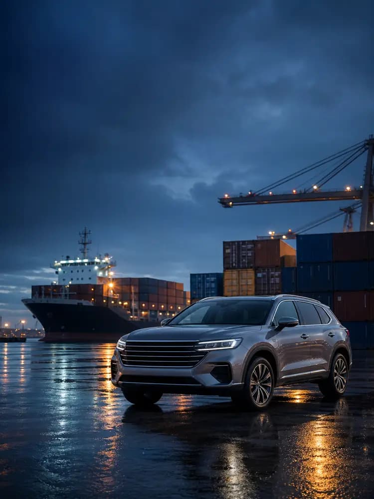 New vehicles staged for export at a deepwater shipping port